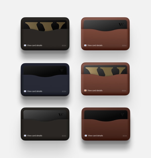 Six credit card and wallet colour combinations