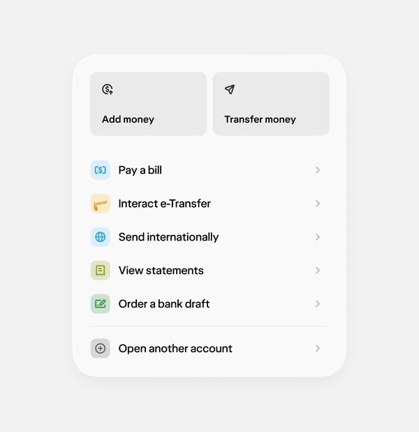 Move money card listing chequing actions